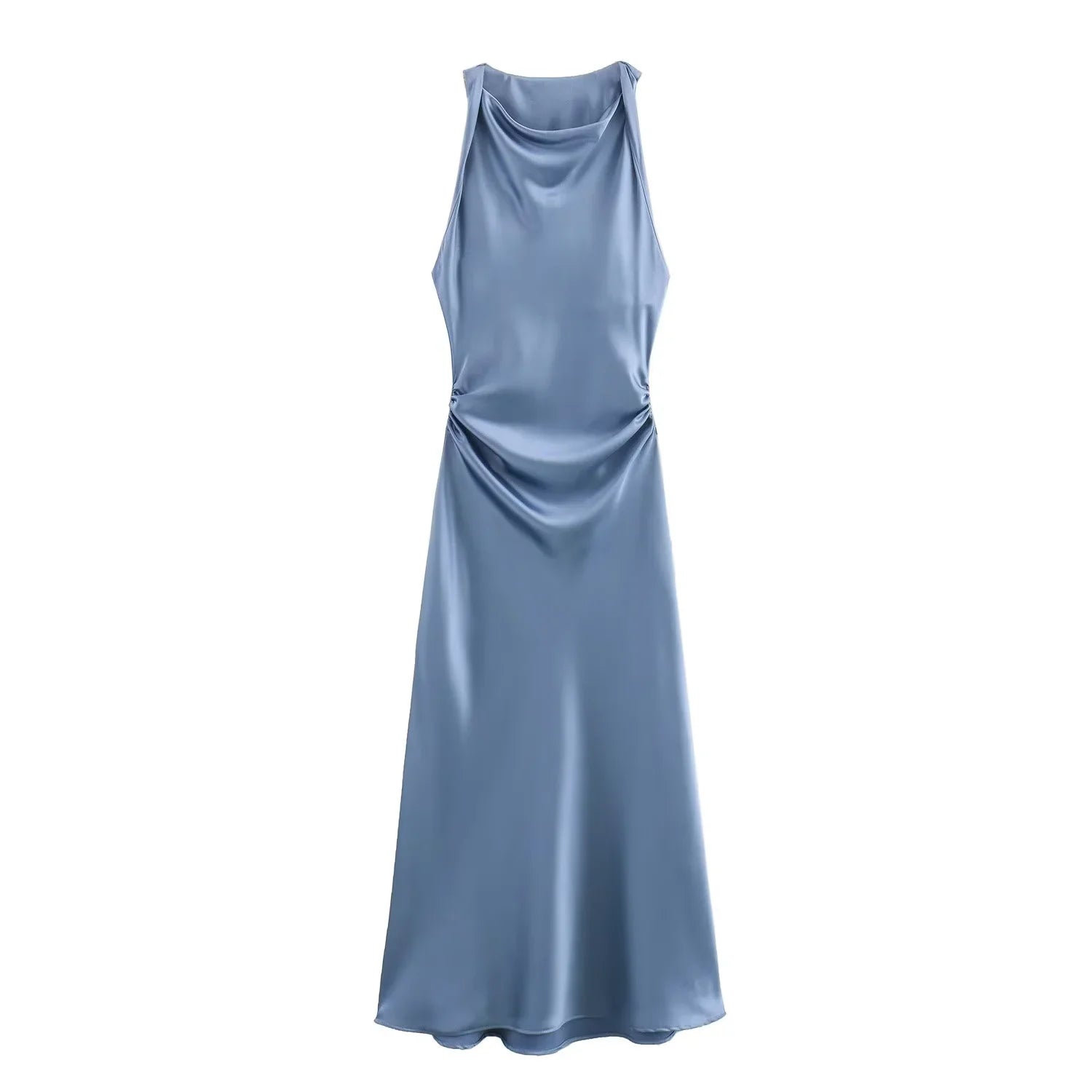 XNWMNZ 2024 Women's Fashion Satin Midi Dress Women High Street O Neck twisted armholes Waist Gathered Fit female Midi Dresses