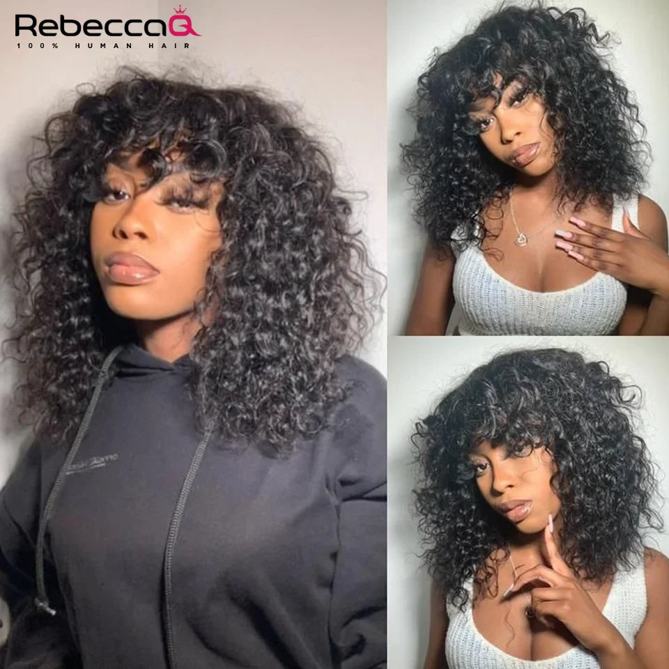 Short Curly Bob Wig With Bangs 100% Human Hair Wigs For Women Brazilian Remy 4C Hair Jerry Curl Glueless Daily Use Natural Color