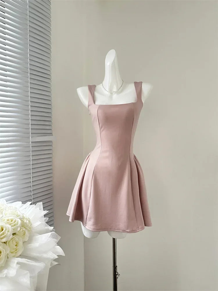 Elegant Korean Fashion Summer Evening Party Red U-neck Sling Dress Lady Casual High Waist Sleeveless Strap Mini Dress for Women