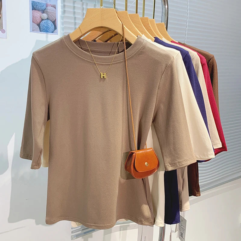 AOSSVIAO 2026 Summer 100% Cotton Women's T-shirt Bottoming Basic Crew Neck Fashionable Solid Lady Short Sleeve Tops Shirts