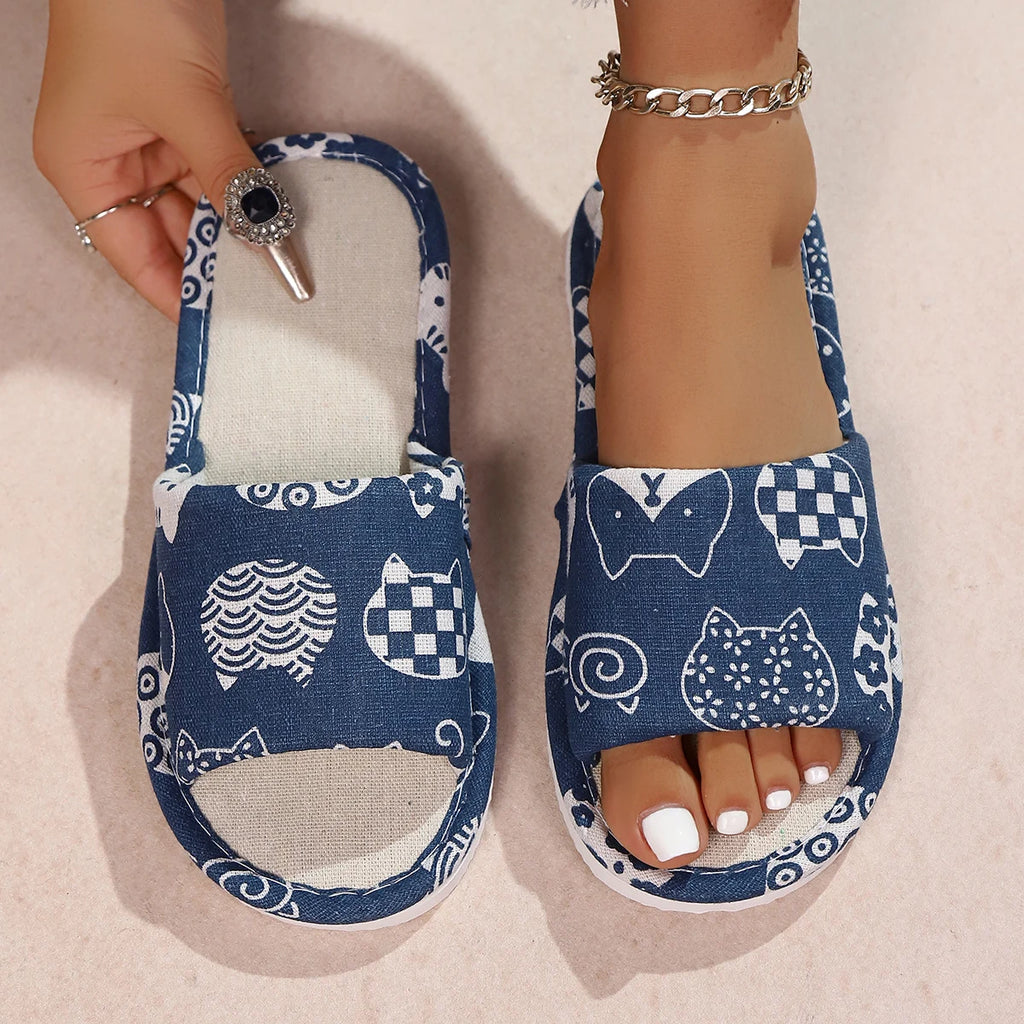 Ladies' Animal Patterned Linen Slippers Cute Cat Design Indoor Summer Spring Autumn Comfortable Footwear Random Print