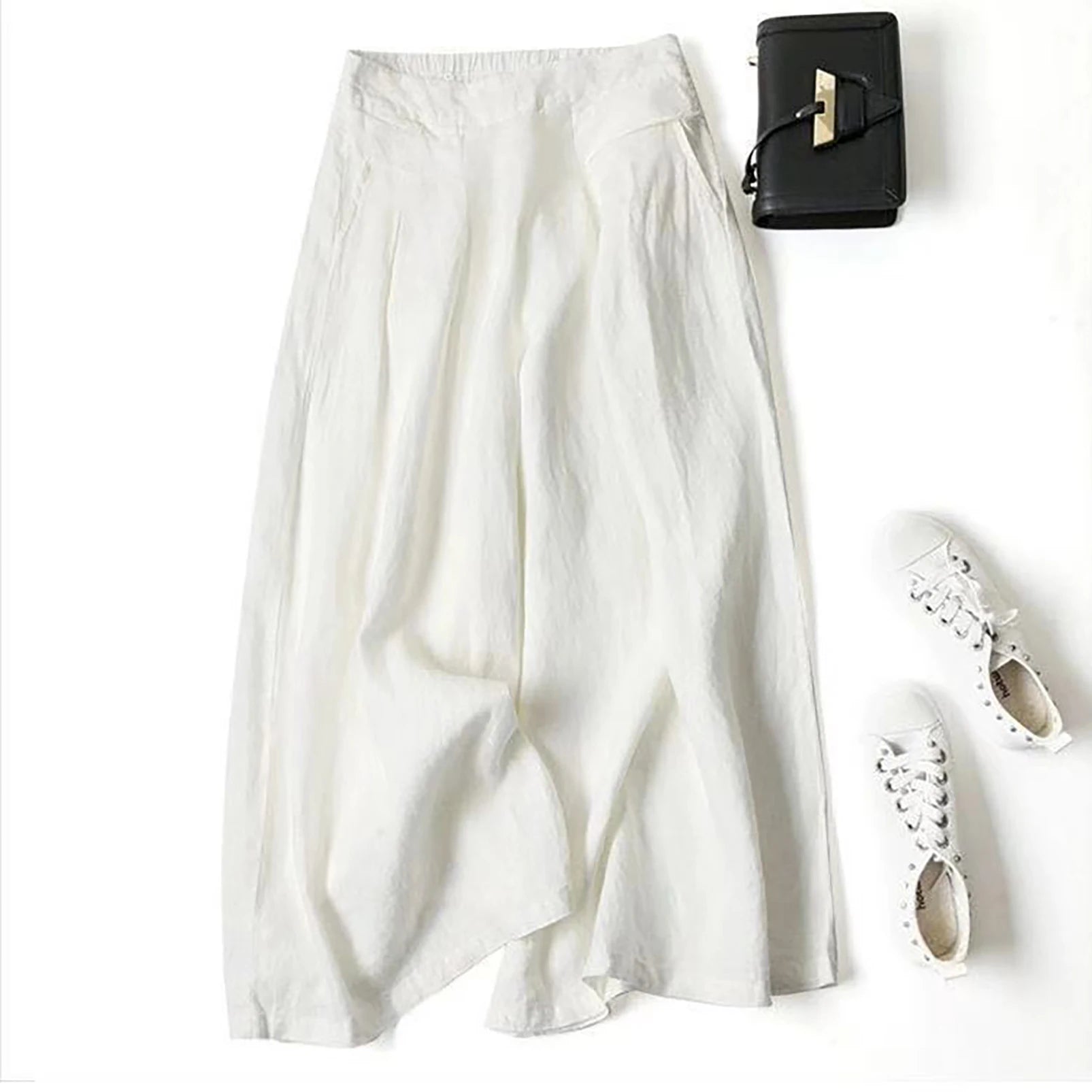 2026 Summer Women's Culottes Cotton Linen Cropped Wide Leg Pants Elastic Waist Casual Palazzo Trousers with Pockets