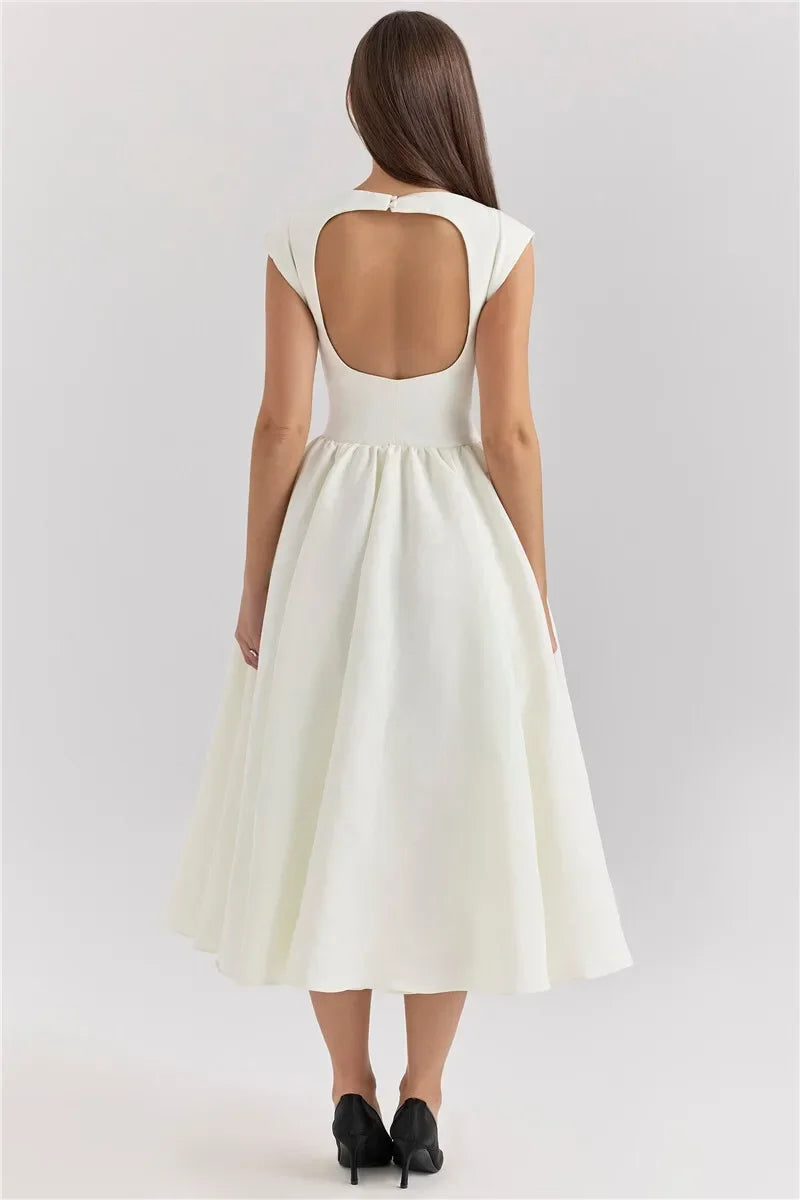 Suninheart Women Circle Cut Out Back Dress Wide Shoulders and Fitted Waist Prom Dress Fluffy Hem Midi Wedding Party Dresses
