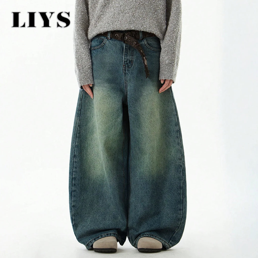 Men's Wear Blue Wide-Leg Denim Pants Baggy Jeans Vintage Three-Dimensional Cut Curved Knife Jeans Loose Fit Summer New Trend