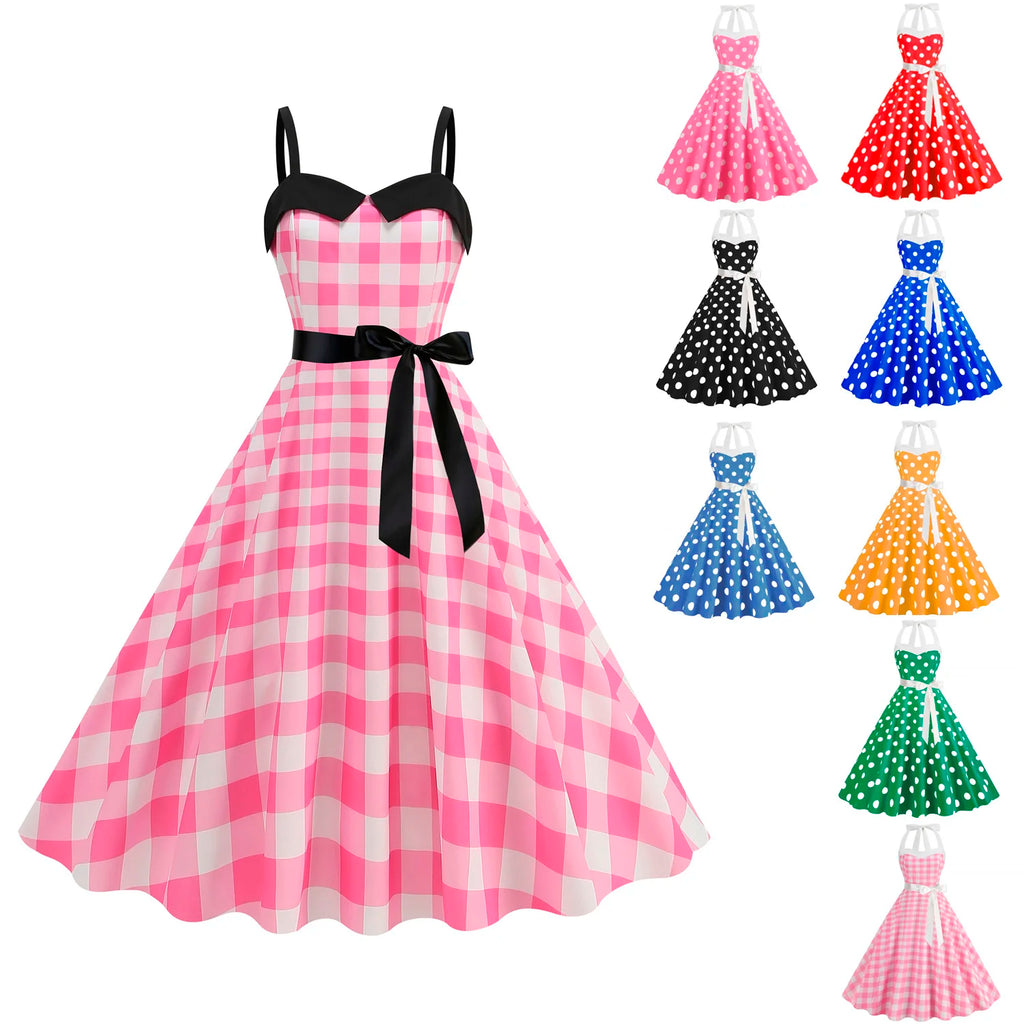 Elegant Women Pink Polka Dot Dress Summer Robe Hepburn 1950s 60s Vintage Sexy Halter Rockabilly Retro Party Dresses 2026 Vestido