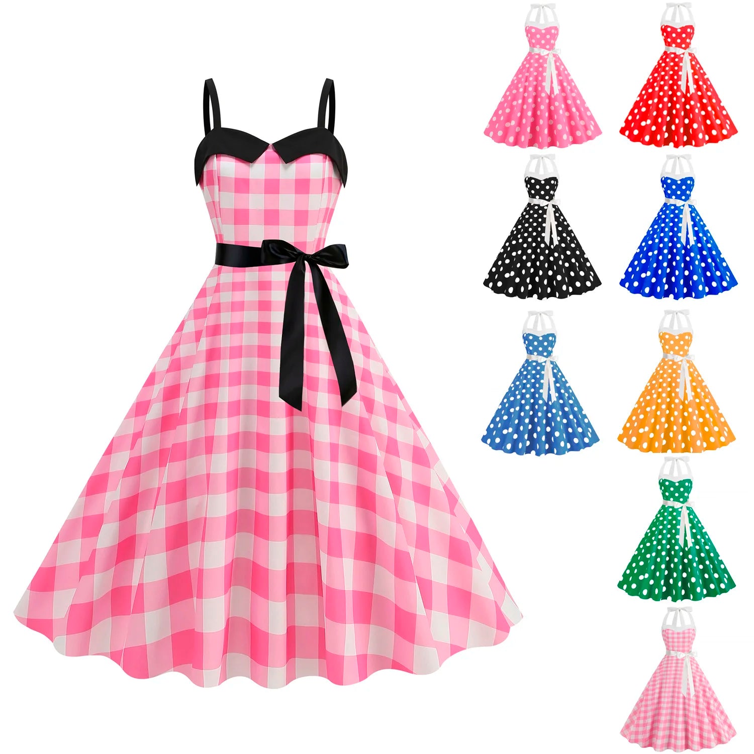 Elegant Women Pink Polka Dot Dress Summer Robe Hepburn 1950s 60s Vintage Sexy Halter Rockabilly Retro Party Dresses 2026 Vestido
