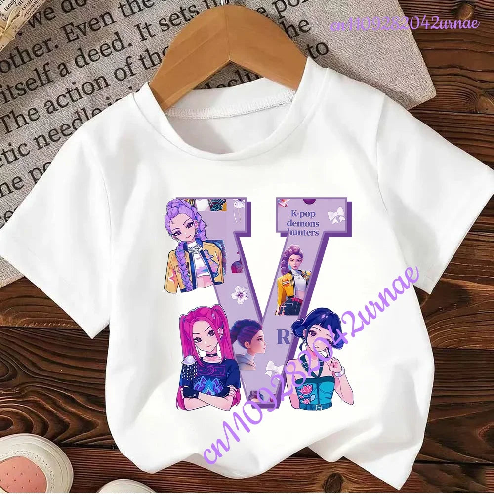Kpop Demon Hunters Letter A-Z T-shirt Kawaii Rumy Birthday Tops Party Wear Girls Tee Summer Short Sleeve Cotton Kid Clothes