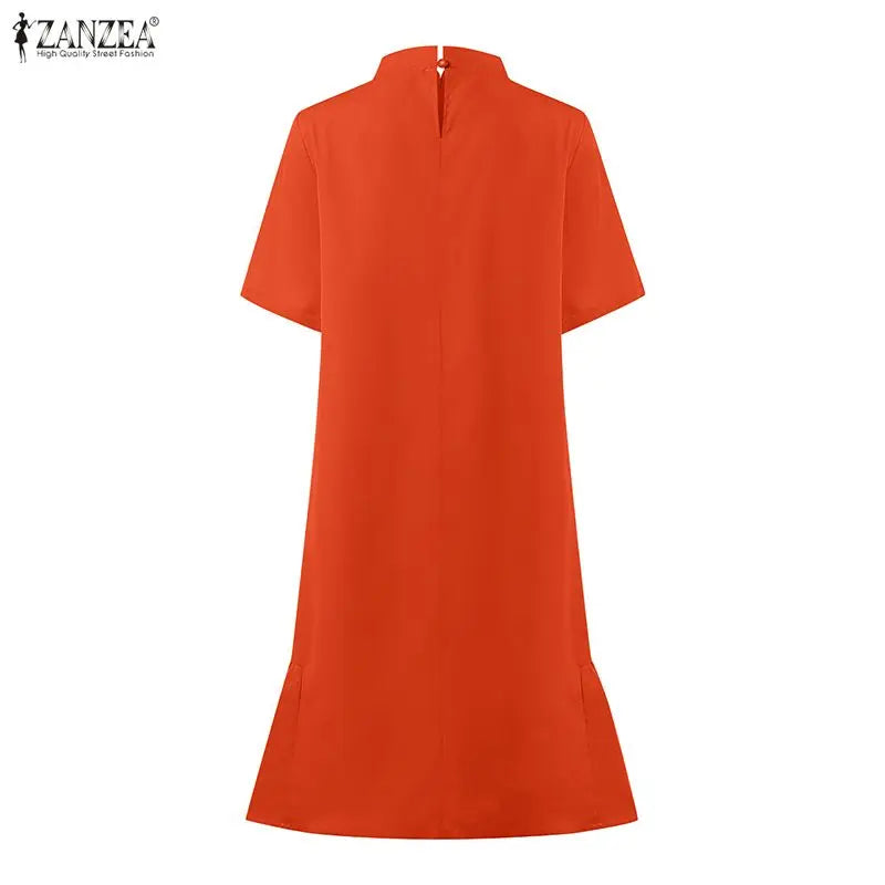 2026 ZANZEA Fashion Women Short Sleeve Shirt Dresses Stand Collar Solid Knee-Length Casual Sundress Summer Office Lady Vestidos