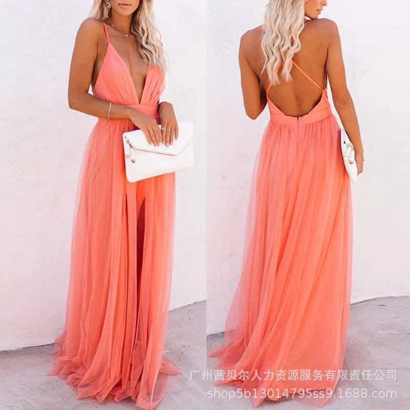 Camisole Dress Backless Sexy Women Party Dresses Spliced V Neck Sleeveless Loose Vestidos Floor Length Summer 2025 Solid