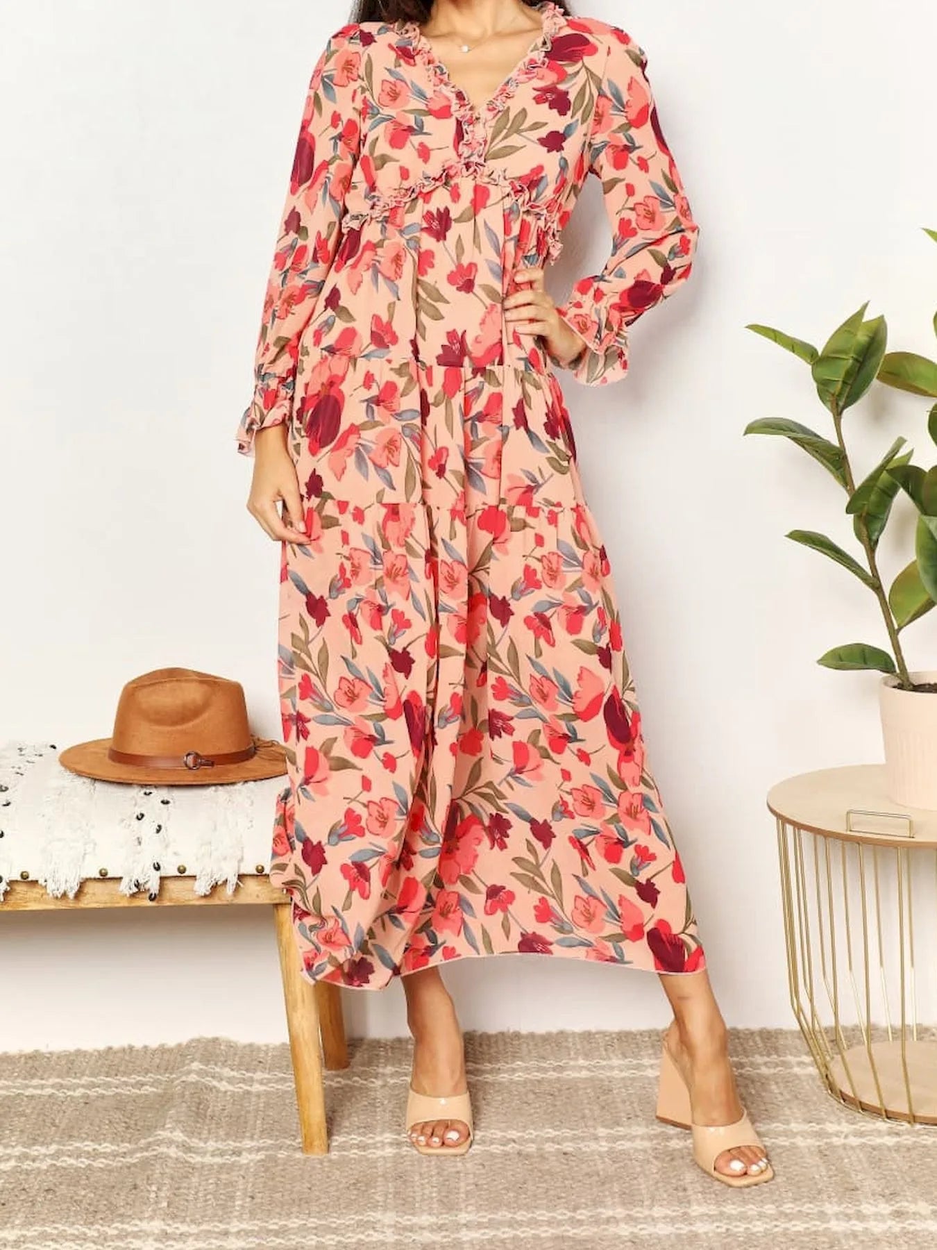 Elegant Floral Print Women Summer Casual Ruffle Layered Long Sleeved V-neck A Line Long Maxi Party Loose Boho Dresses