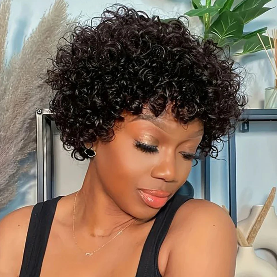 Brazilian Short Bob Pixie Afro Kinky Curly Wigs With Bangs For Black Women Natural Brown 99J Full Machine Made Human Hair Wigs