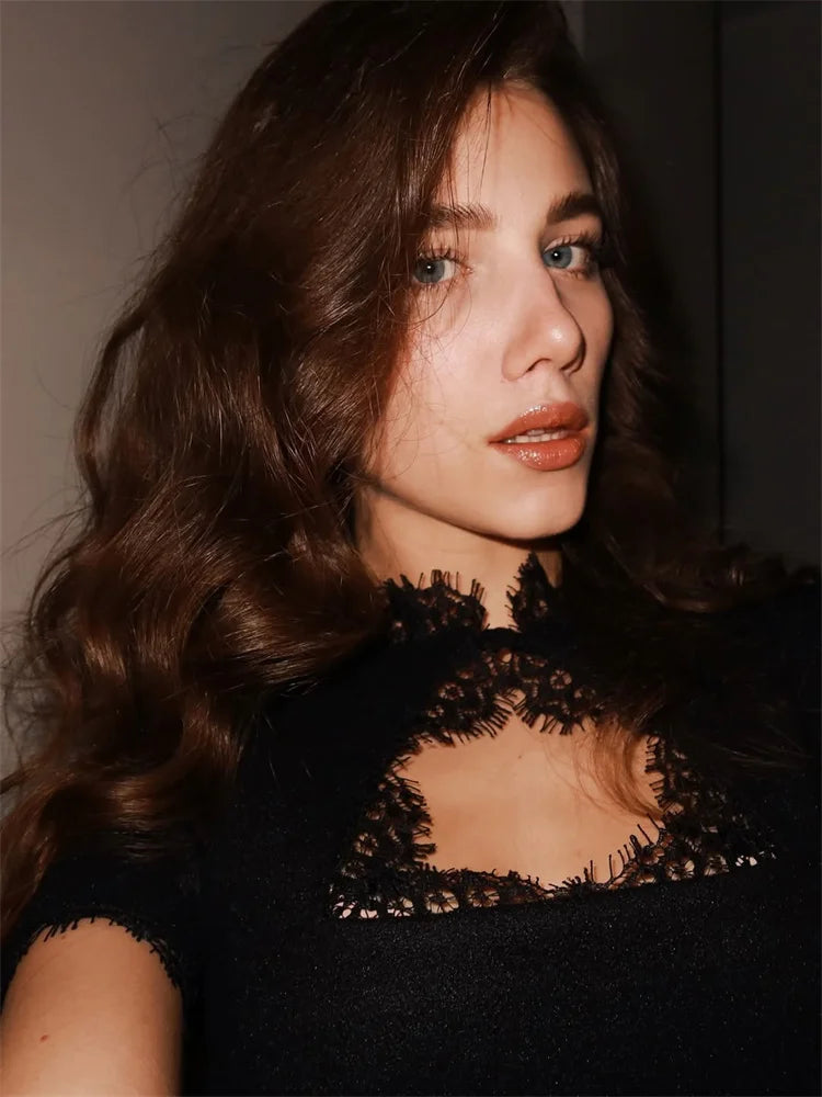 Tossy Black Lace Hollow Out Mini Dress Female Patchwork Short Sleeve Sexy High Waist Party Dress Women's Casual Printed Dress