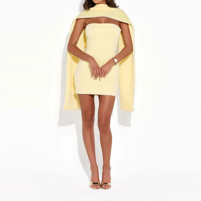 2026 Spring Sexy Solid Slim Bodycon Hips Dress Women Fashion Strapless Shawl Evening Dress New Summer Backless Hollow Mini Dress