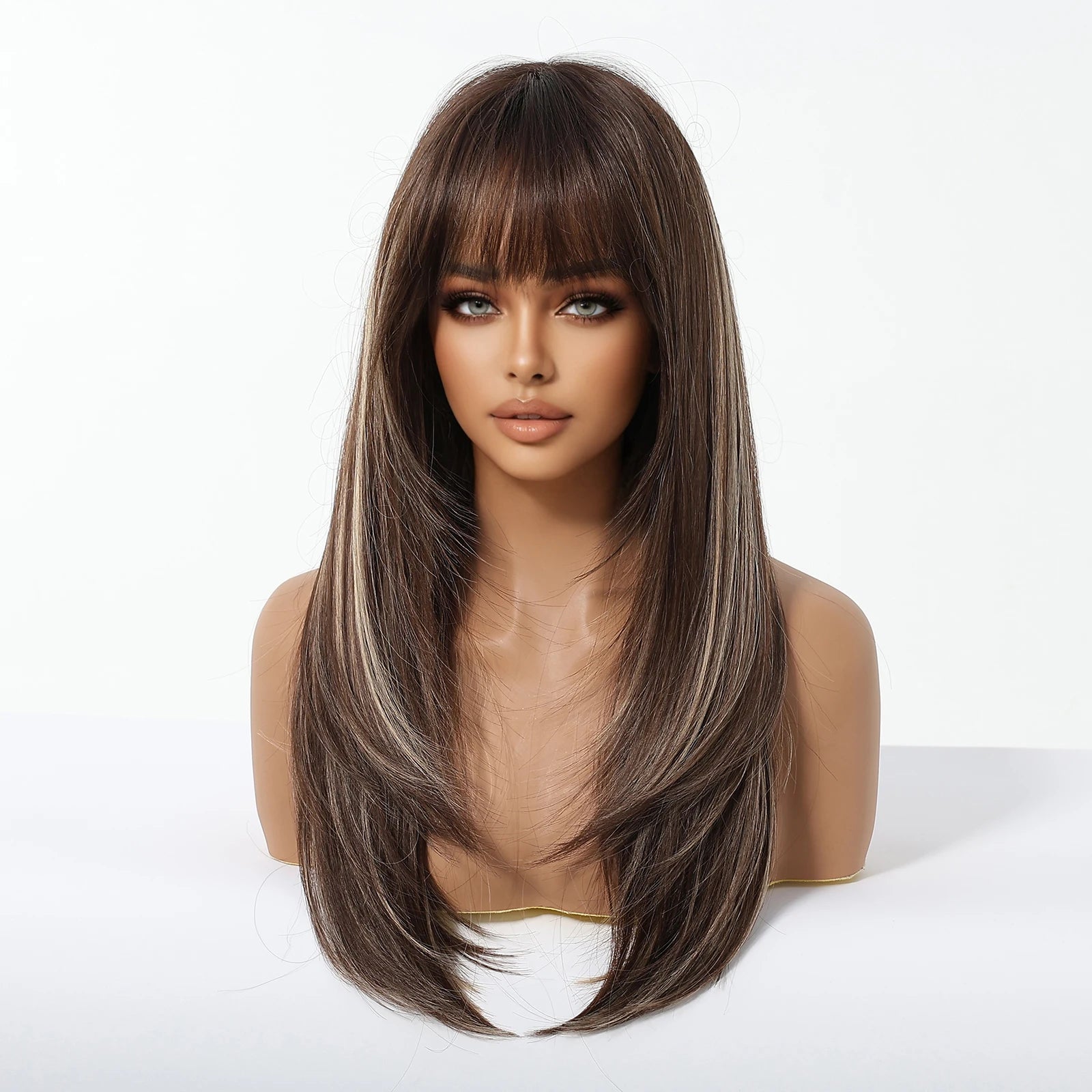 ALAN EATON Long Brown Highlight Synthetic Wigs Layered Straight Hair Wig Realistic Fake Hair for Daily Wear High Temperature Wig