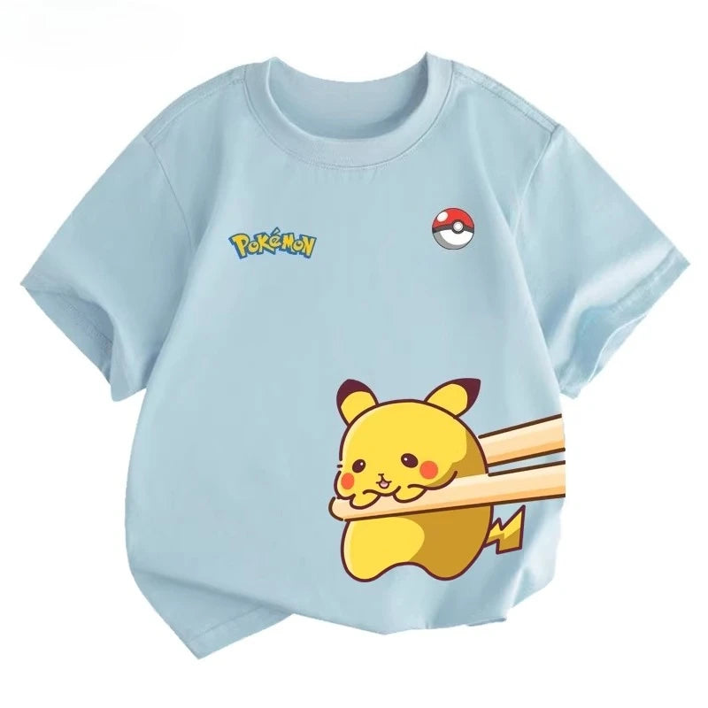 Potdemiel Summer New Pikachu Print Children's Pure Cotton T-Shirt, Boys and Girls, Comfortable and Breathable Children's T-Shirt