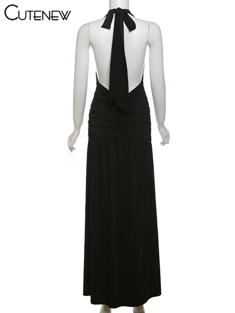 Nibber Elegant Women Long Dresses Solid Hipster Halter V-neck Backless Shirring Side Split Vestidos Female High Street New Robe