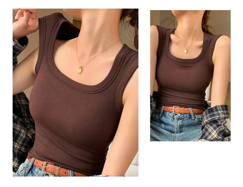 2026 New Wide Shoulder Strap Women's Vest with Chest Pad Summer All-match I-shaped Vest Slim Fit Base Top Fashion Outer Wear