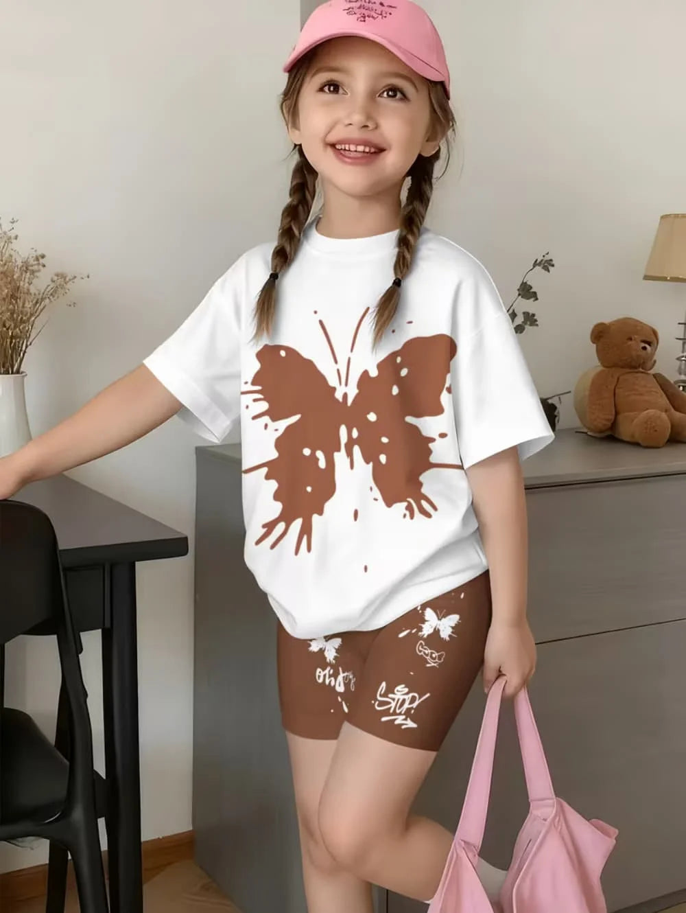 2-Piece Summer Children's Comfortable Cute Butterfly 3D Print Short Sleeve Shorts Set for Boys and Girls Casual Home Outdoor Set