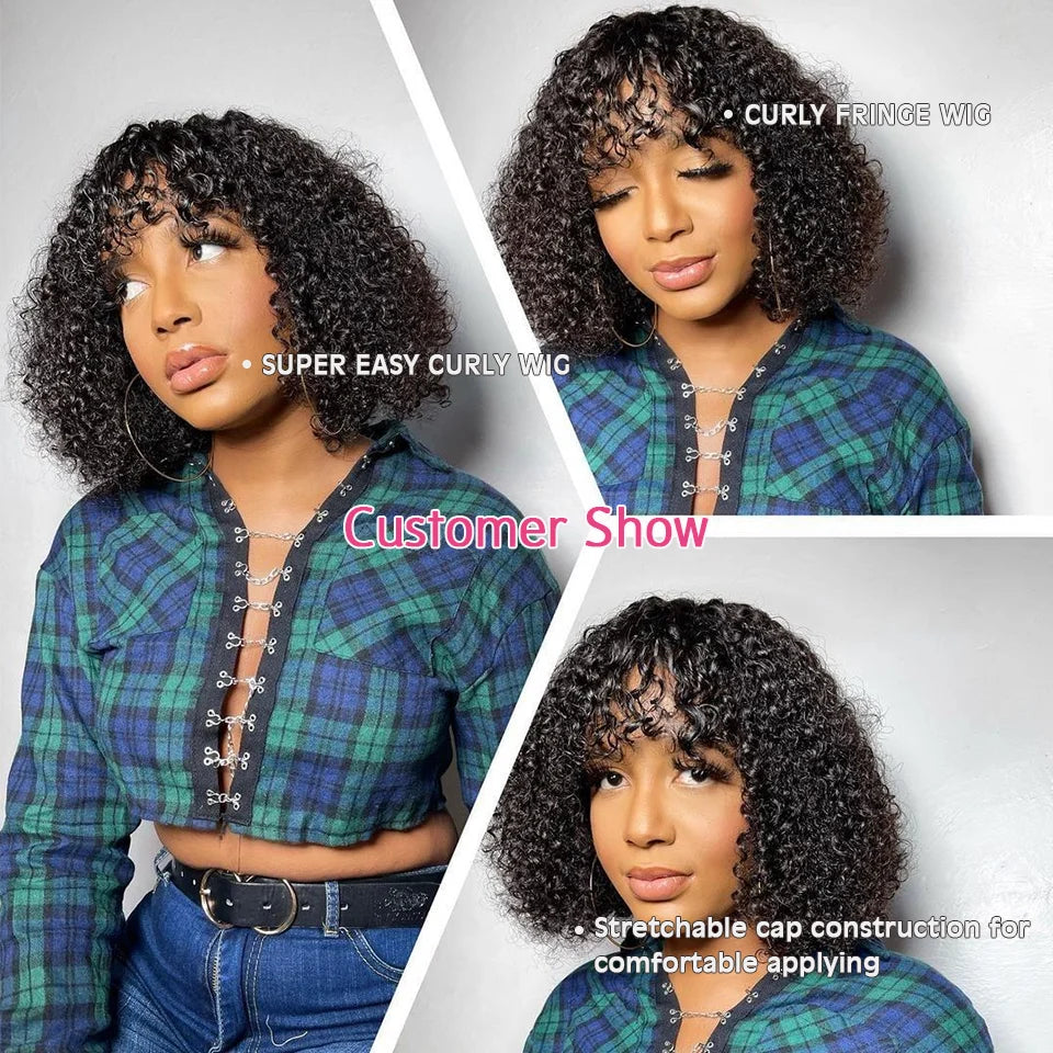Short Curly Bob Wig With Bangs 100% Human Hair Wigs For Women Brazilian Remy 4C Hair Jerry Curl Glueless Daily Use Natural Color