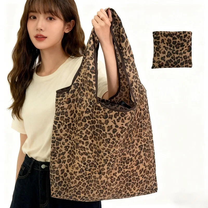 Leopard Print Foldable Tote Bag Lightweight Polyester Leak-Proof Reusable for Shopping Travel Work