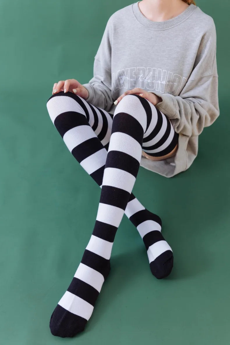 2 Pairs Women's Over The Knee Socks Cotton Thigh High Socks Black White Blue Colorful Striped Pattern Fashion Casual Daily Wear