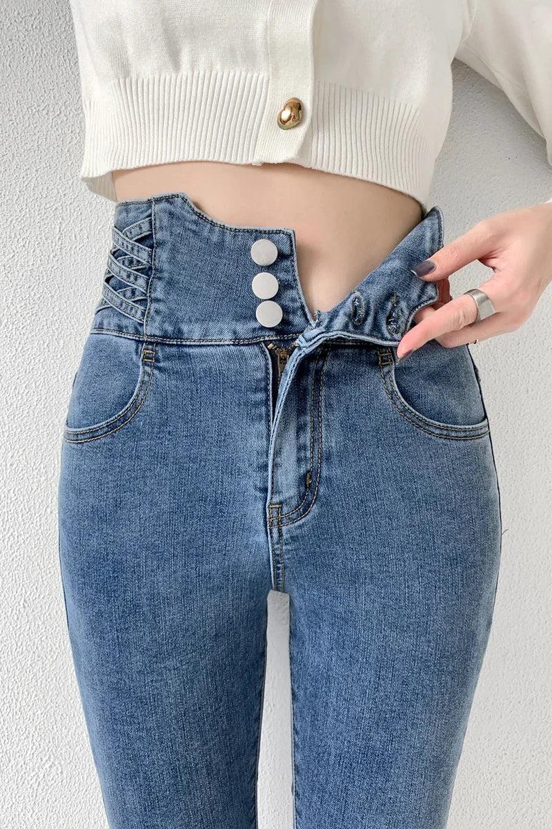Skinny Pencil Y2K Jeans Four Buttons Vintage High Waist Women Slim Stretch Denim Pants Tight Trousers 2025 Women's Denim Pants