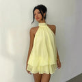 Women's Halter Neck Dress, Backless Tie-Front Chiffon Sheer Mini Skirt, Fashionable Sexy Y2K Vintage Cute Party Birthday Dress