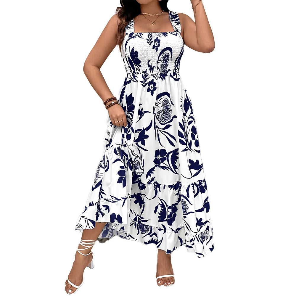 Plus Size 2025 Summer New Holiday Floral Halter Dress with Ruffle Hem and Gathered Bust Plus Size Dress Polyester