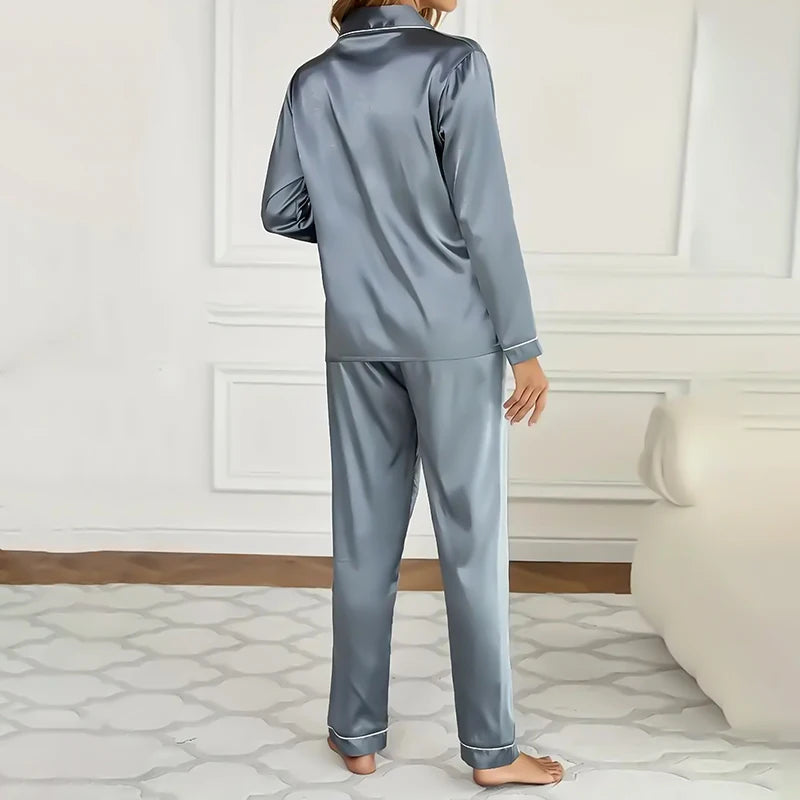 Women's Sleepwear Simple Satin Pajama Set Long Sleeve Buttons Lapel Top With Elastic Pants Loungewear Nightwear 2 Piece Nighty