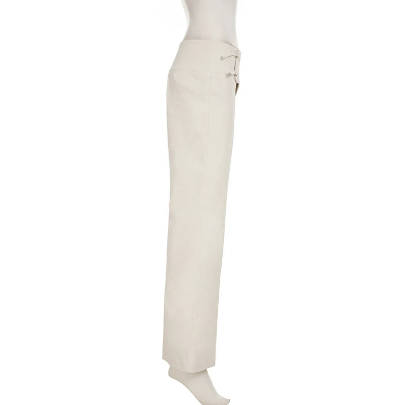 Vintage Y2K Korean Streetwear Pants Woman Low Rise Straight Loose Beige Trousers Button Up Basic 2000S Women Casual Pants