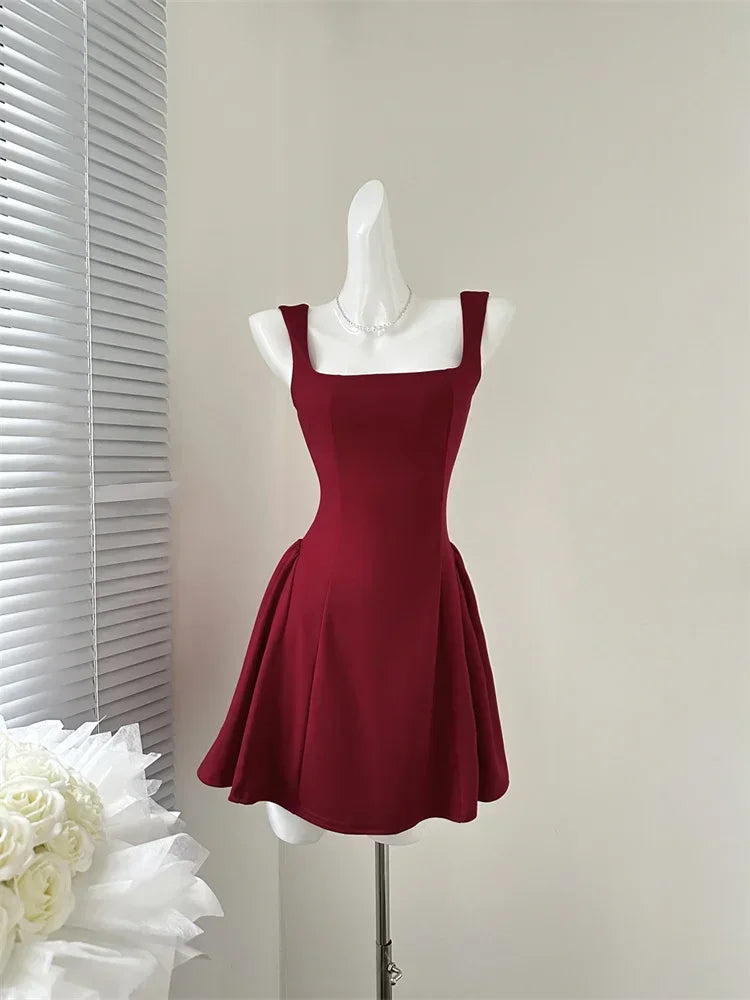 Elegant Korean Fashion Summer Evening Party Red U-neck Sling Dress Lady Casual High Waist Sleeveless Strap Mini Dress for Women