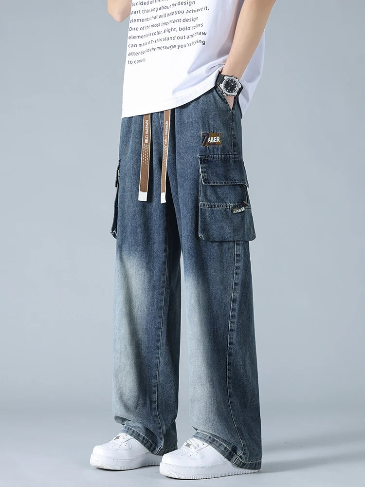 Summer Men's Straight Jeans Multi-Pockets Wide Leg Denim Cargo Pants 8XL 7XL 6XL Big Size Lightweight Baggy Jeans Trousers