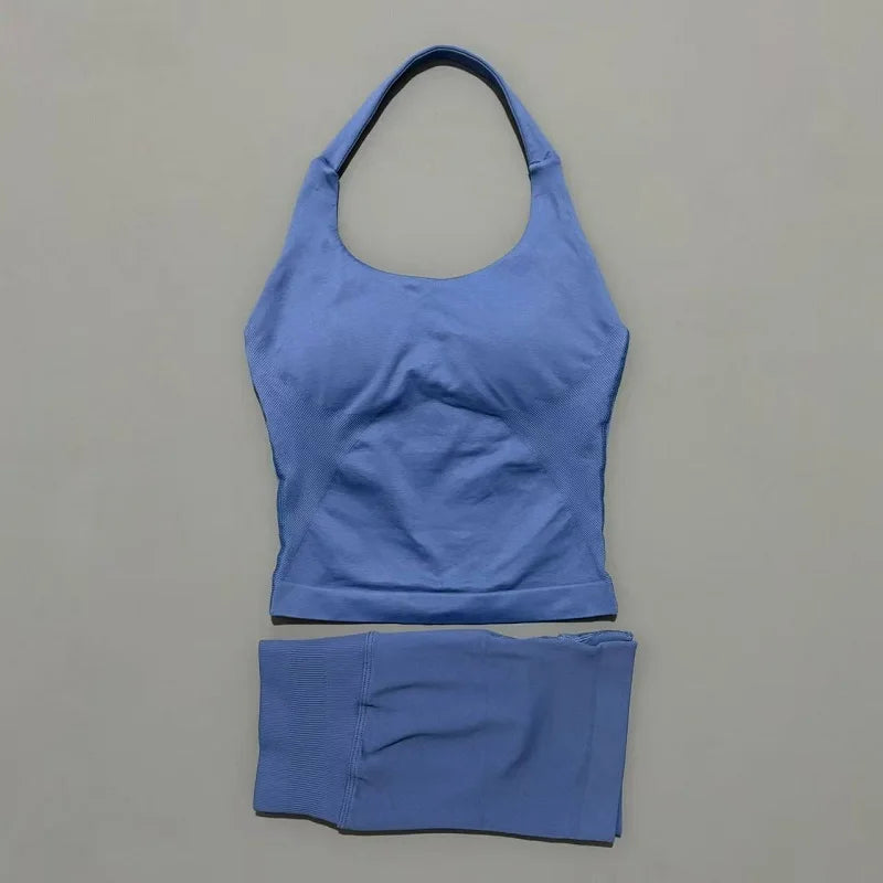 2 Peice Histello Sports Set Women Seamless Halter Top Longline Strappy Padded Scrunch Shorts Set Yoga Suit Gym Workout Sets