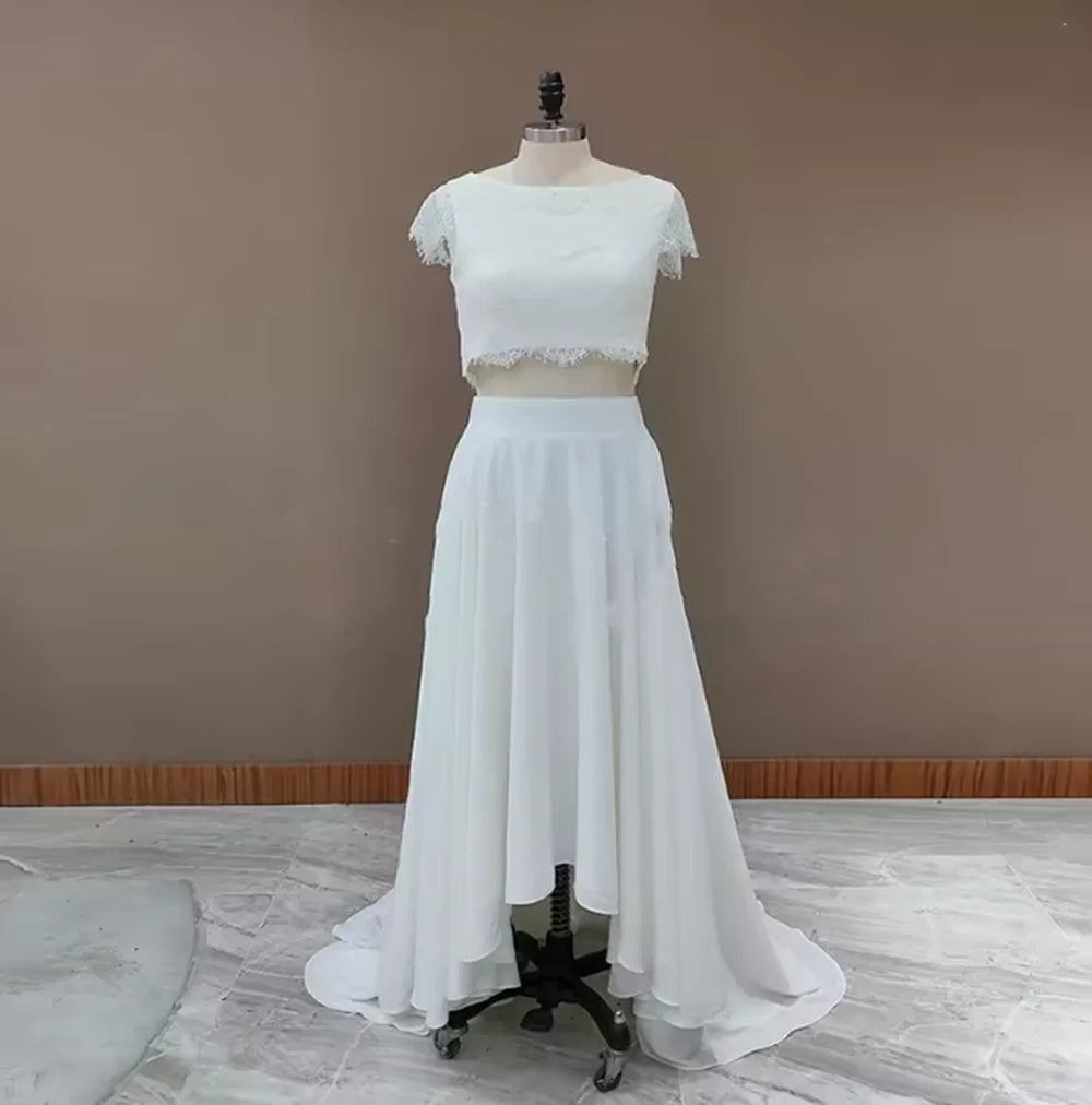 Customized Two Piece Lace Boho Wedding Dress Crop Top Princess Scoop Buttons Cap Sleeves High Low Maxi Beach Chiffon Bridal Gown