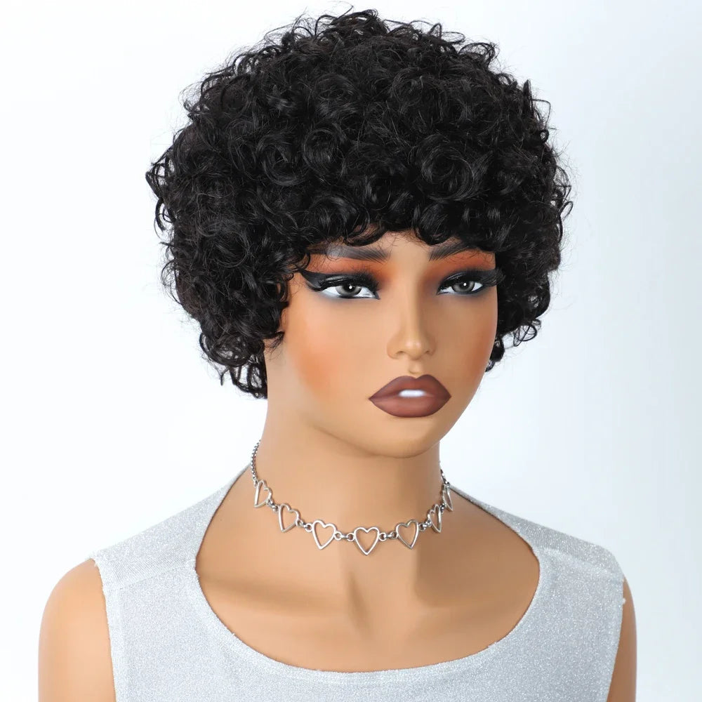 Brazilian Short Bob Pixie Afro Kinky Curly Wigs With Bangs For Black Women Natural Brown 99J Full Machine Made Human Hair Wigs