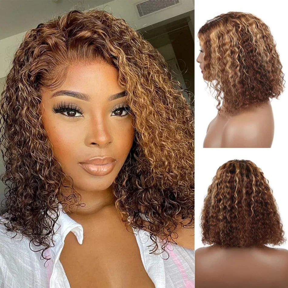 Bob Wig Human Hair Highlight 5X5 Hd Lace Closure Wig Curly Short 427 Honey Blonde Colored Glueless Deep Wave Wig For Black Women