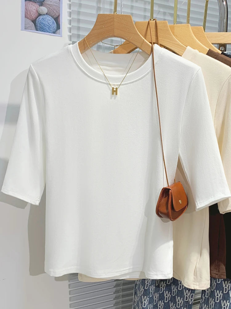 AOSSVIAO 2026 Summer 100% Cotton Women's T-shirt Bottoming Basic Crew Neck Fashionable Solid Lady Short Sleeve Tops Shirts
