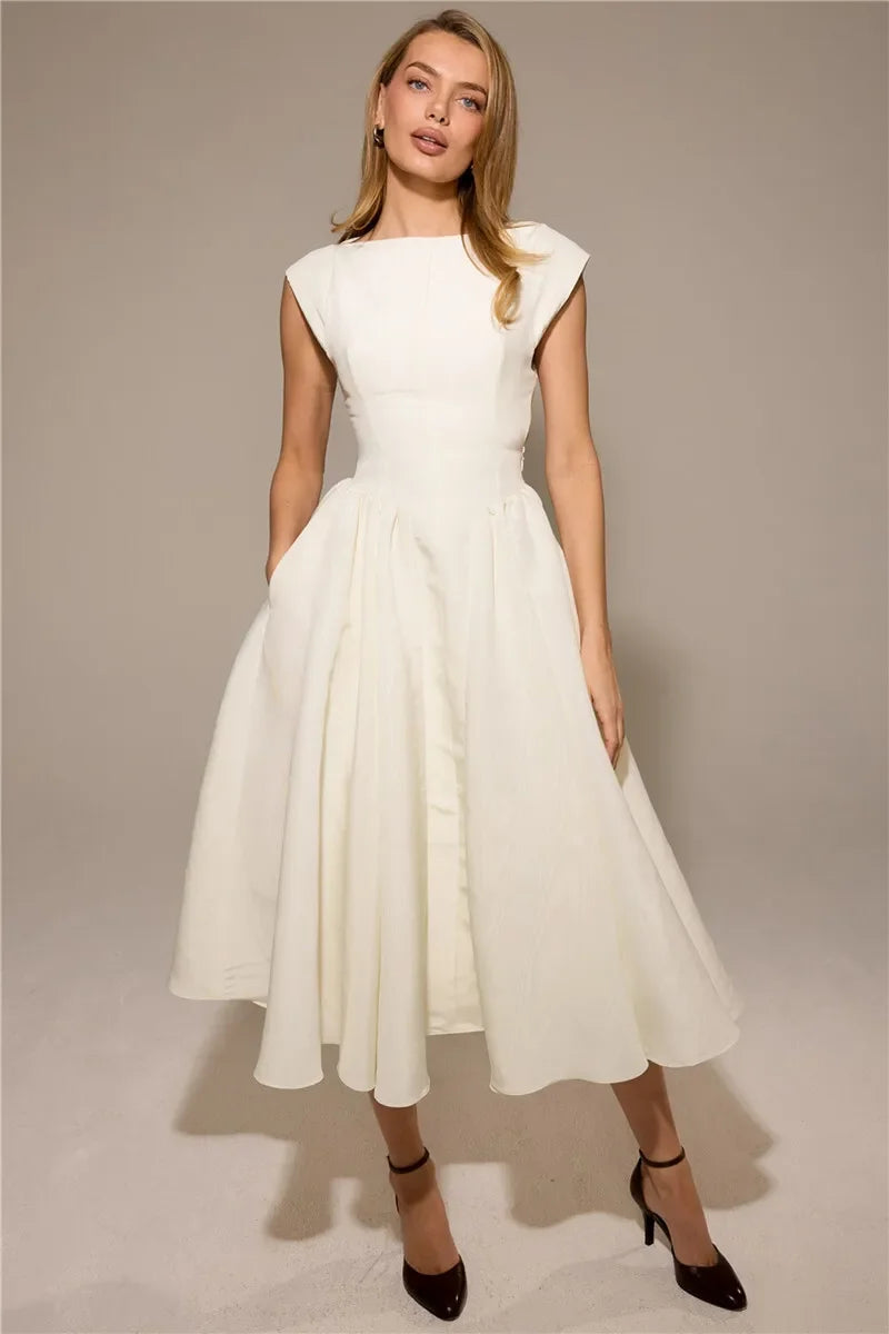 Suninheart Women Circle Cut Out Back Dress Wide Shoulders and Fitted Waist Prom Dress Fluffy Hem Midi Wedding Party Dresses