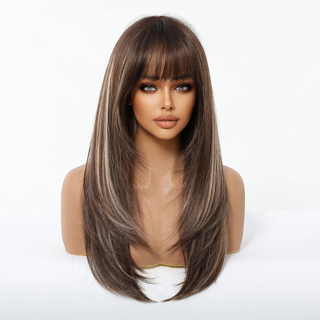 ALAN EATON Long Brown Highlight Synthetic Wigs Layered Straight Hair Wig Realistic Fake Hair for Daily Wear High Temperature Wig