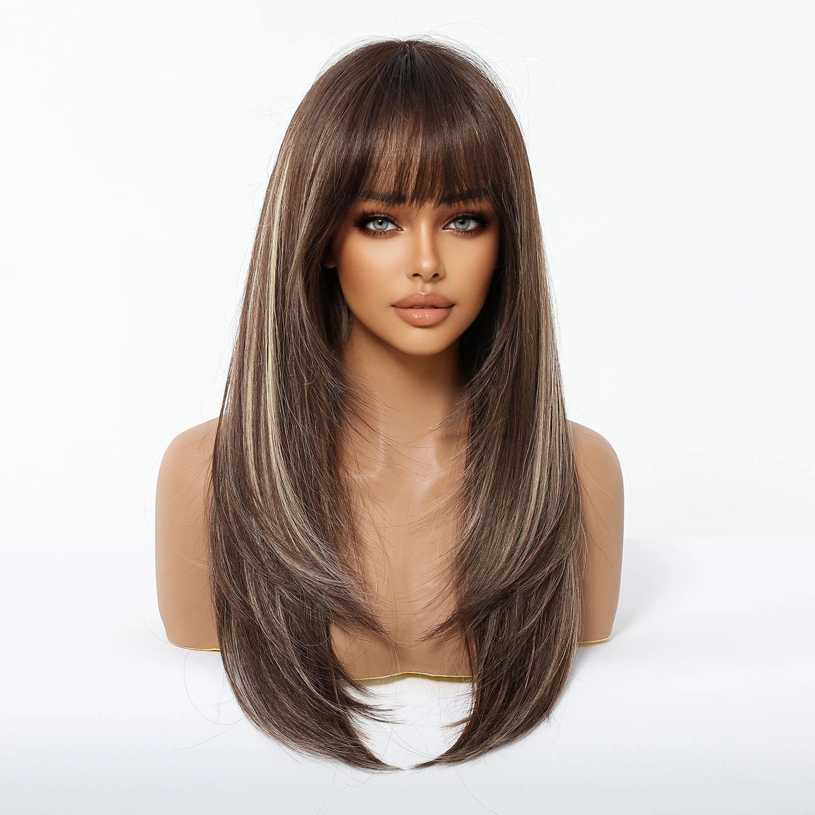ALAN EATON Long Brown Highlight Synthetic Wigs Layered Straight Hair Wig Realistic Fake Hair for Daily Wear High Temperature Wig