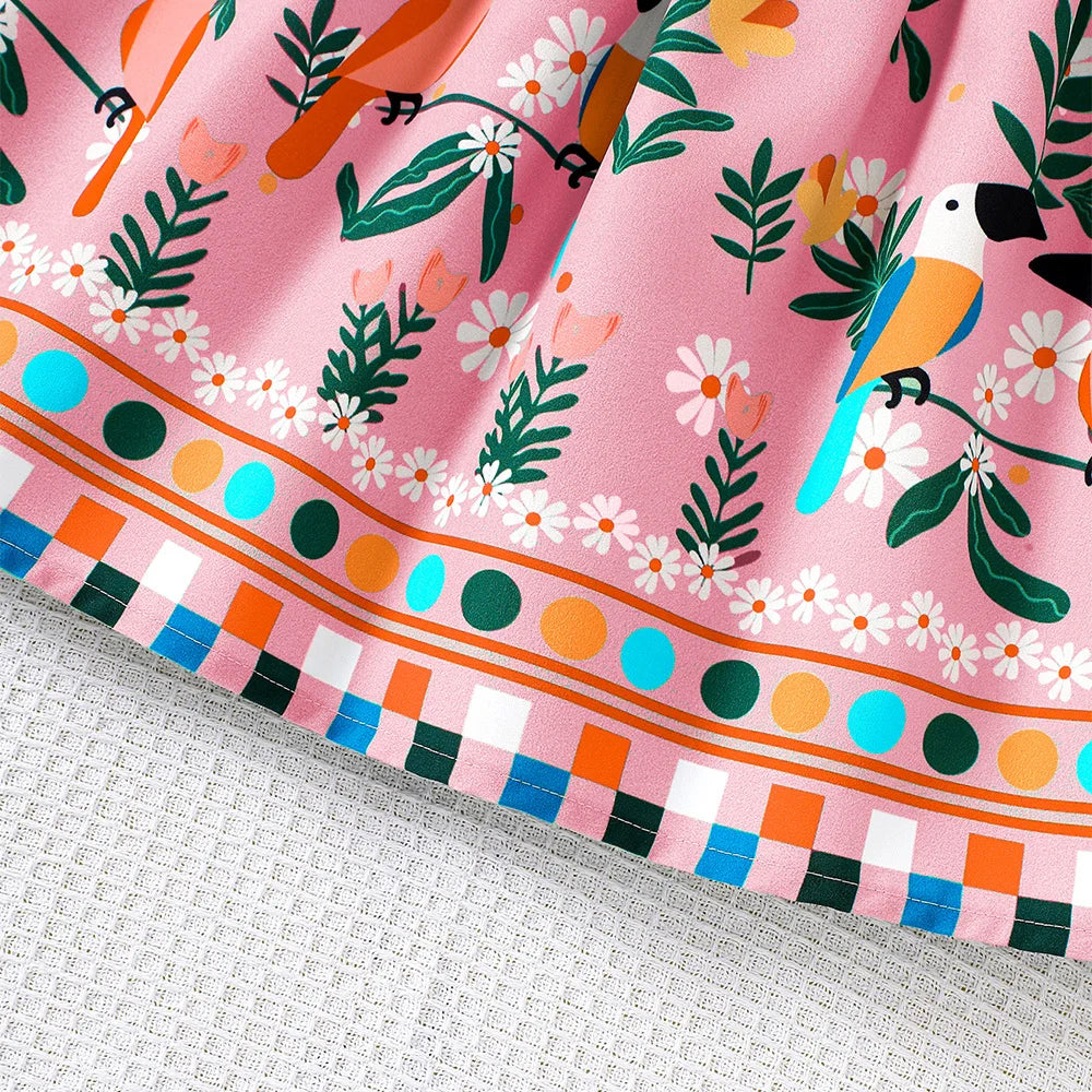 Girls' summer style small fly sleeve plant print dress