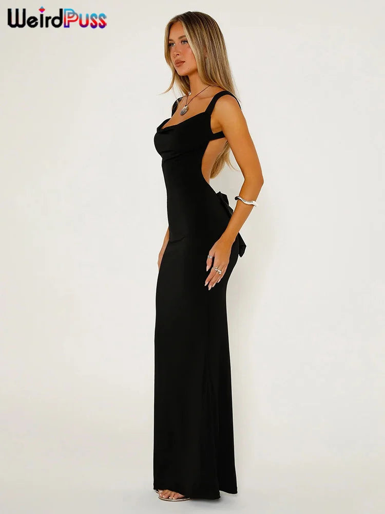 Weird Puss Bow Lace Up  Women Maxi Dress Sleeveless Sexy Backless Slim Bodycon Festival Evening Party Elegant Mermaid Long Robe
