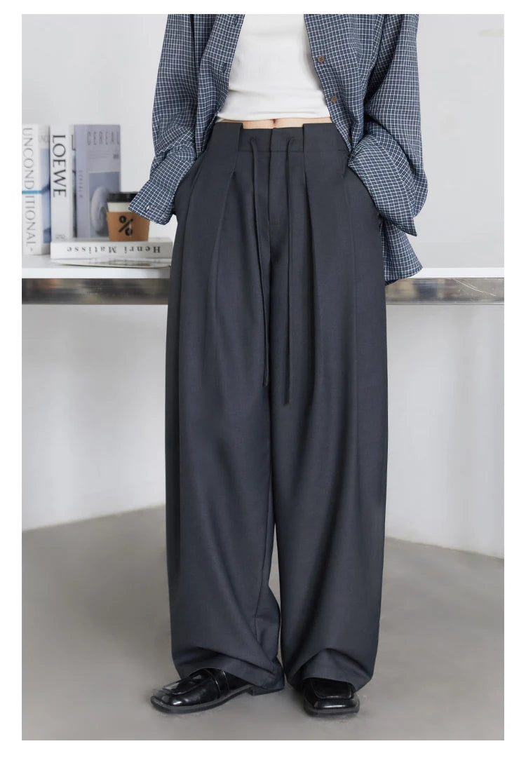 CHIC VEN Women Pants Solid Loose Casual Wide Leg Pant Drawstring Pleated Female Suit Trousers Office Ladies Sping Autumn 2025