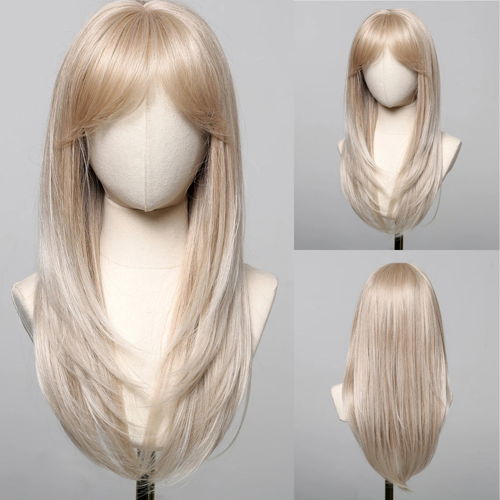 ALAN EATON Long Brown Highlight Synthetic Wigs Layered Straight Hair Wig Realistic Fake Hair for Daily Wear High Temperature Wig