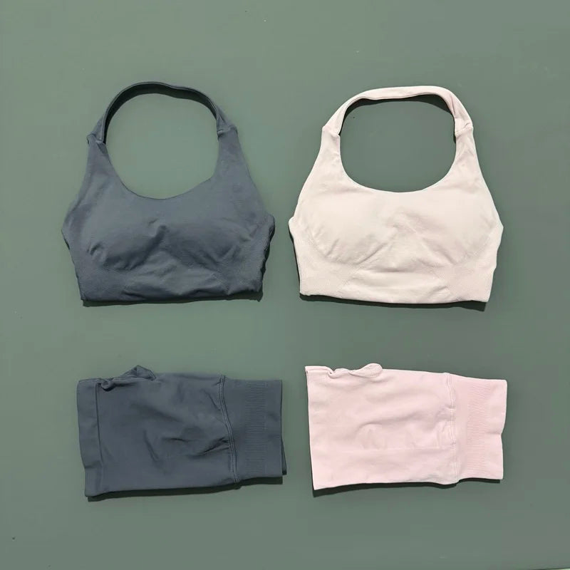 2 Peice Histello Sports Set Women Seamless Halter Top Longline Strappy Padded Scrunch Shorts Set Yoga Suit Gym Workout Sets