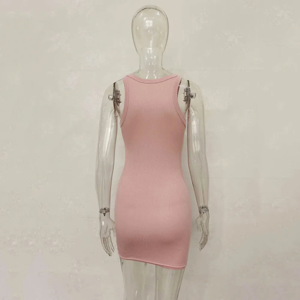Sexy Screw Thread Knitted Slim Bodycon Dress Women Sleeveless Skinny Mini Dress Elegant Club Party Vestidos