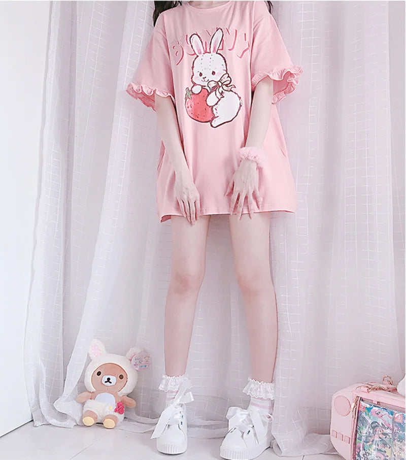 Summer Women Cute Lolita Pink T-Shirts Cartoon Strawberry Rabbit Print Tshirt Ruffles Short Sleeve Tops JK Girls Kawaii Tee Top