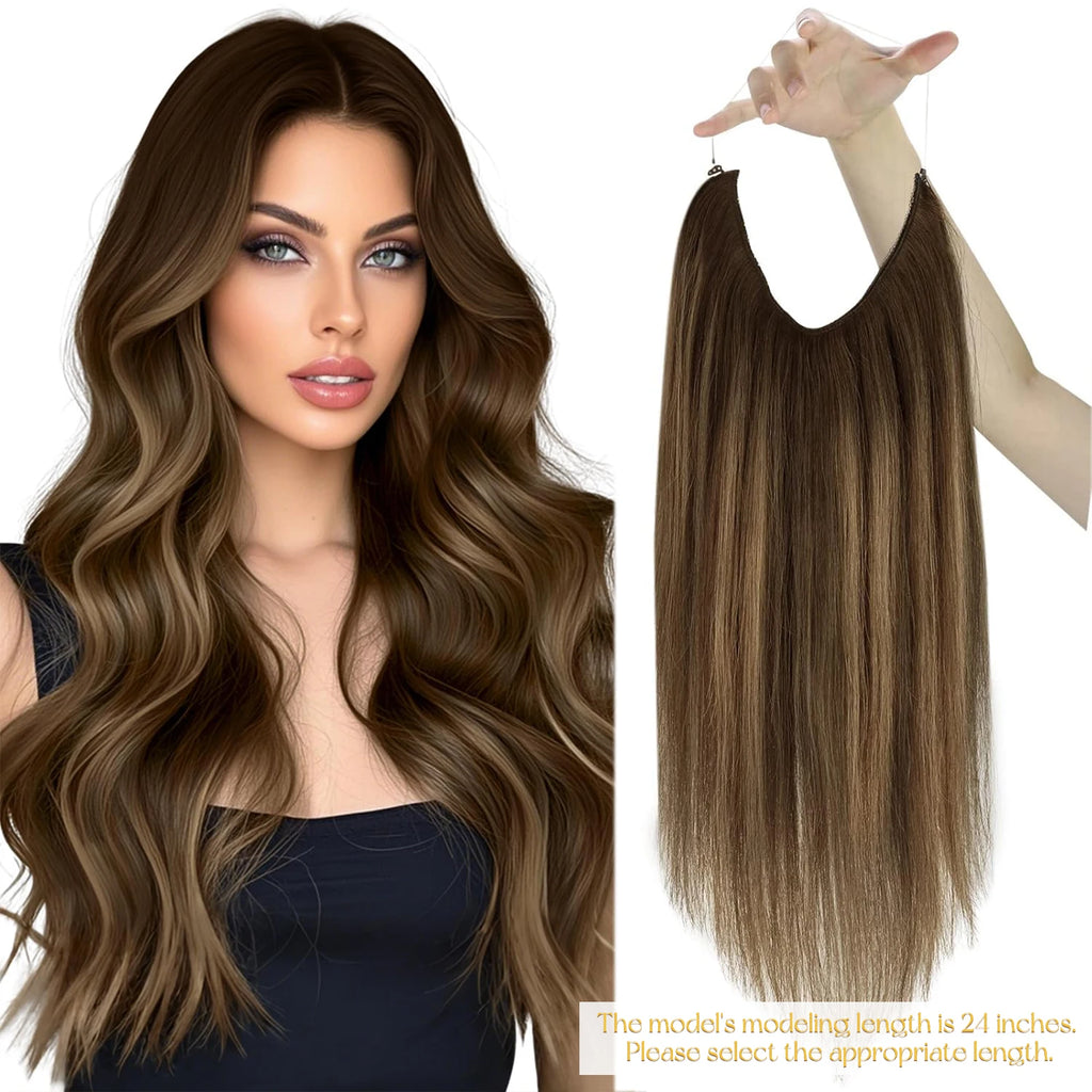 VeSunny Fish Line Human Hair Extension Wire Natural Hair One Piece Invisible Wire Hair Weft with 2 Clips Blonde Soft Remy Hair