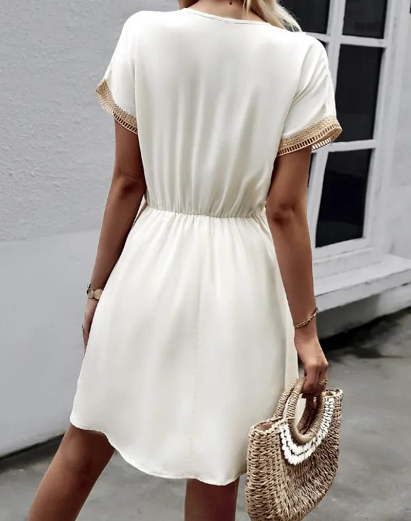 Summer Solid Short Sleeve Lace V Neck Waistband Female Beach Midi Short Dress Elegant Women's Sweet White Solid Color Dresses
