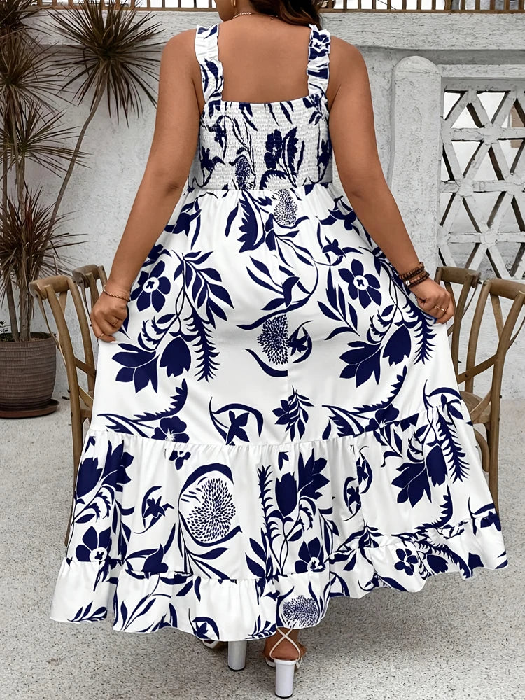 Plus Size 2025 Summer New Holiday Floral Halter Dress with Ruffle Hem and Gathered Bust Plus Size Dress Polyester